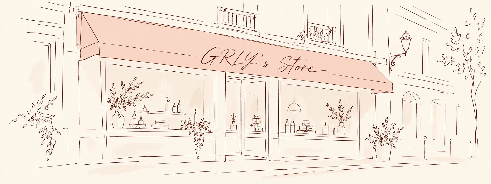 A drawing of GRLY's Store: a shopfront with a blush awning, plants and shelves of bottles in the window