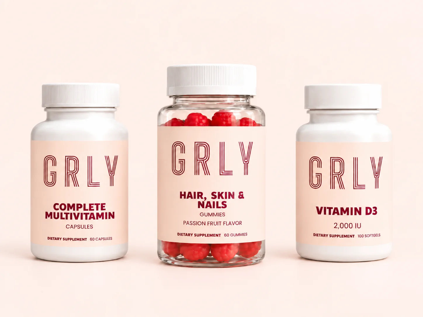 The GRLY Essential Bundle: GRLY Vitamin D3, Complete Multivitamin and Hair, Skin & Nails Gummies